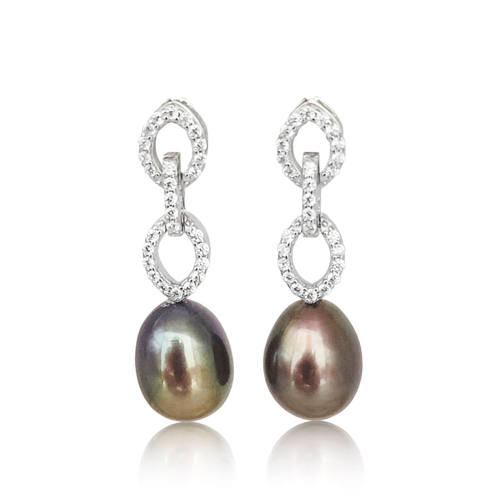 Cultured Pearl Tear-Drop 8 mm Black Color AAA 925 Silver Earrings