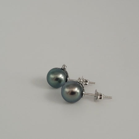 Tahiti Pearl Earrings 9-10 mm,  Natural Diamonds & 18K White Gold |  The South Sea Pearl |  The South Sea Pearl